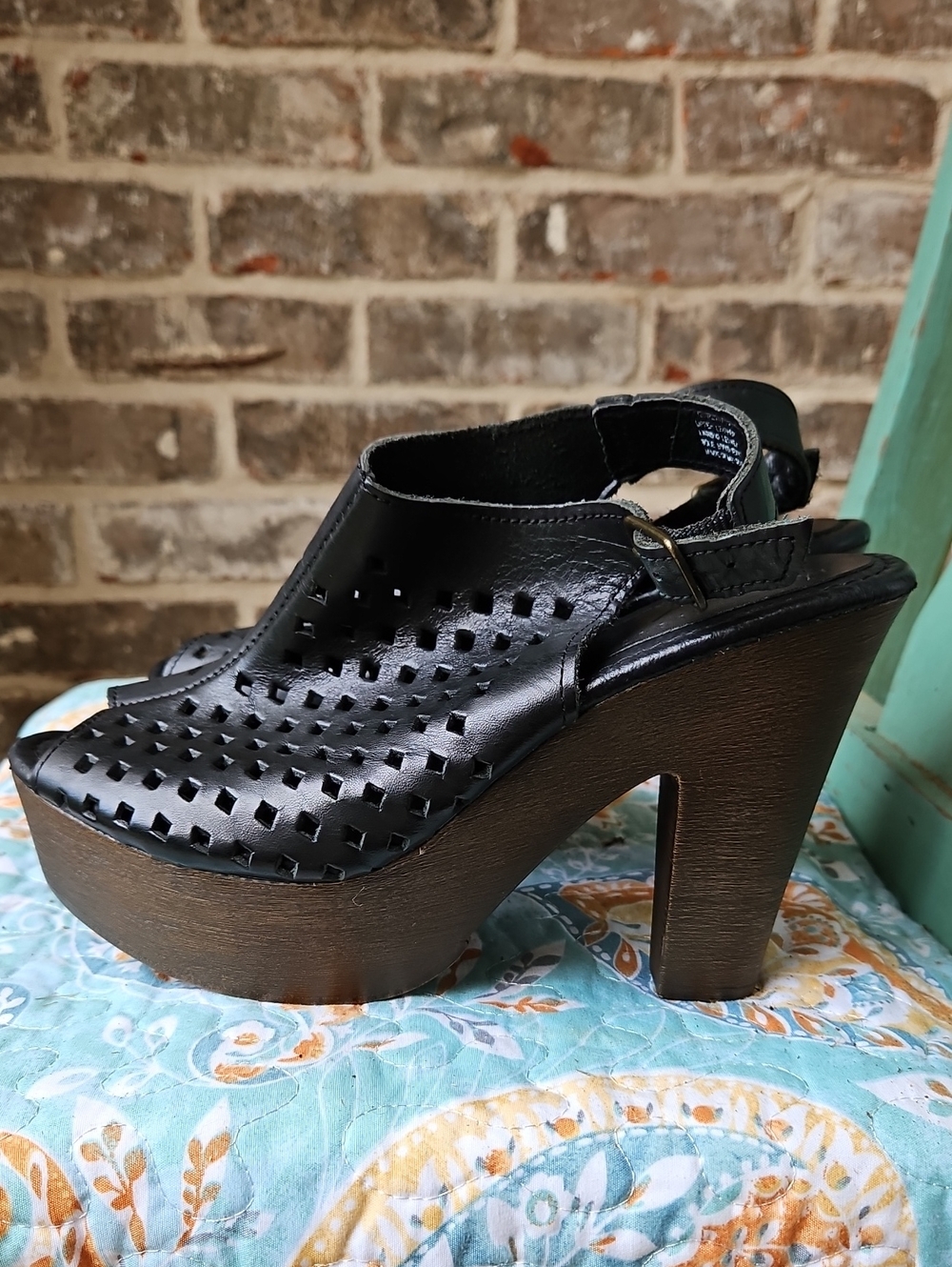 Musse & Cloud Black Leather Laser Cut Peep Toe Slingback Chunky Platform Heels
